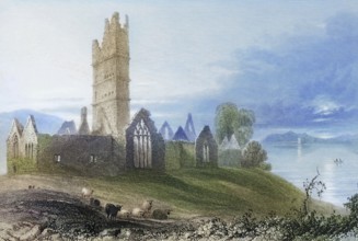 Moyne Abbey, Killala, County Mayo, Ireland, from the Landscape and Antiquities of Ireland, 1841,