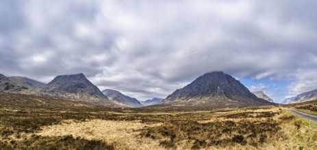 Panorama of Mountains and Moors over Glen Etive Valley, Glencoe, Highlands, Scotland and Buachaille
