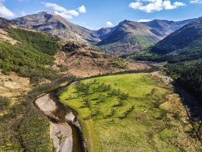 Glen Nevis Valley and River Navis from a drone, Fort William, Lochaber, Highland, Scotland, United