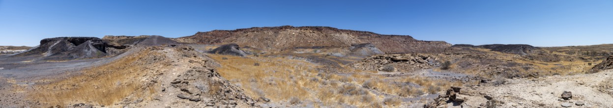 Dry landscape with yellow grass and black volcanic hills, Burnt Mountain, Damaraland, Kunene,