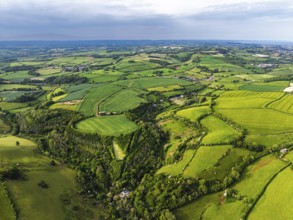 Farms and Fields over River Dart from a drone, Stoke Gabriel, Totnes, Devon, England, United