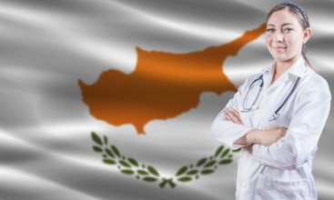 Female doctor on Chipre flag. Doctor with crossed arms on Chipre flag. Chipre health and care