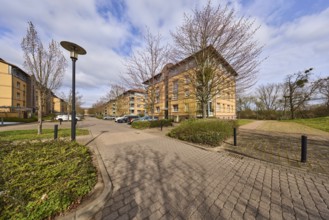 Residential area, apartment blocks, residential building, lantern, bare wintry trees, parking