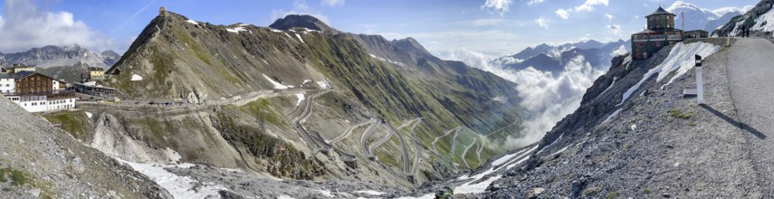 Panoramic view of Tibet House on the right centre north ramp Ascent from pass road to mountain pass