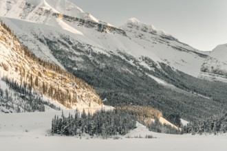 Winter road trip on the Icefields Parkway with lots of snow and ice, Banff National Park, Jasper