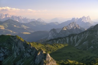 View from Mount Gantrisch, sunset over the Bernese and Fribourg Pre-Alps, Canton of Bern,