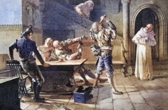Unseemly guests in the monastery tavern, coloured wood engraving, reproduction from a model from ca