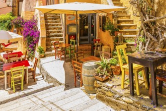 Street cafe in Via Cavour, Capoliveri, Elba Island, Tuscan Archipelago National Park, Tuscany,