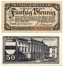 Banknote, banknote, emergency money, 50 Pfennig, city of Krefeld, 1920, Germany, reproduction of a
