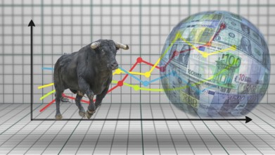 Symbol photo, bull as a sign of upswing, financial economy, stock markets, rise, banks, money