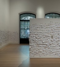 Gropius Bau Berlin, interior view, room with countless post it at the end of an exhibition, Berlin,