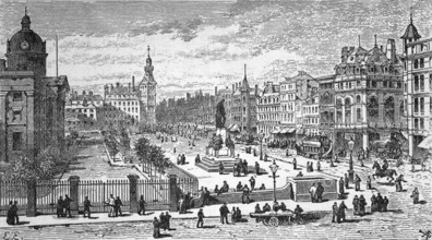 The Royal Infirmary and Piccadilly of the Queen's Hotel, Manchester, c. 1870, Lancashire, England,