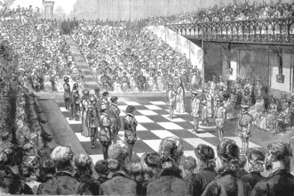 Chess game with living persons, around 1880, a game in the Guilhall in Winchester in England,