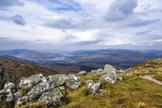 View from Nevis Range Mountains, Grampian Mountains, Fort William, Highland, Lochaber, Scotland, UK