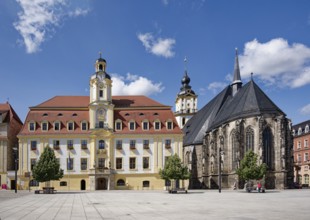Baroque town hall, Protestant late Gothic St. Mary's Church, town church, market square,