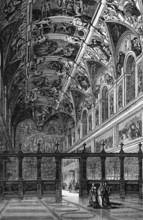 An early view of the Sistine Chapel in the Vatican, Rome, Italy, digital reproduction of a