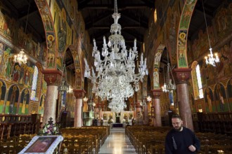 View of the nave with a magnificent chandelier and ornate murals, Church of the Annunciation of the