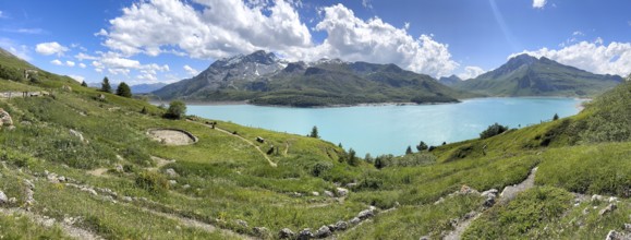 Panoramic view of Jardin Alpin in the foreground, Lac du Mont Cenis reservoir behind, Mont Cenis