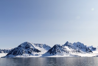 Mountain tops, snow, sea, Smeerenburg, Spitsbergen, Svalbard