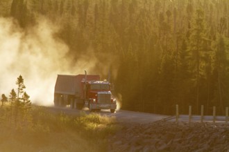 Transport truck driving on a dusty forest track, Province of Quebec, Canada, North America