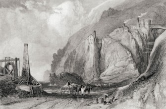 Botallack mine, Cornwall, England in the 19th century. From the Cyclopaedia of Useful Arts and