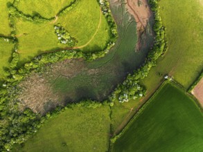 Top Down over Marshes over River Dart from a drone, Stoke Gabriel, Totnes, Devon, England, United