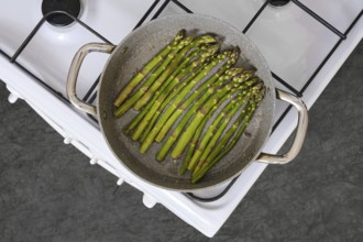 Fresh green asparagus is being cooked in a pan on a gas stove in the kitchen. The texture of the