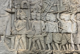 Stone bas-reliefs, Khmer war campaign against the Cham, relief wall, east façade, Bayon temple,