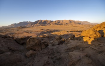 Desert landscape with Brandberg in the morning light, at sunrise, Erongo, Damaraland, Namibia