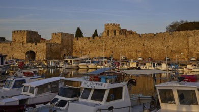 Rhodes town wall, morning light, boats in the harbour in front of a medieval stone wall in the warm