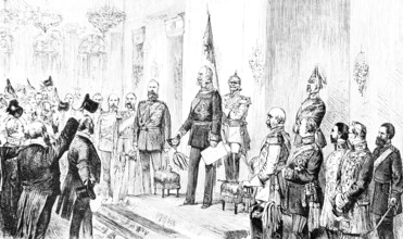 Opening of the Reichstag 1971 by Prussian King Wilhelm I, House of Hohenzollern, delegates waving
