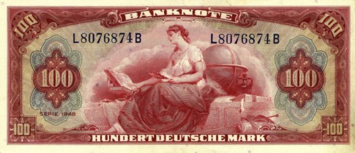 Banknote, 100 Deutsche Mark, series 1, obverse, 1948, Germany, reproduction of a historical