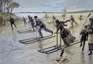 Race with the racing wolf, ice sledge on the frozen Wannsee near Potsdam, Germany, illustration,