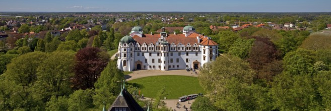 Celle Castle seen from above from the church tower, Celle, Lower Saxony, Germany