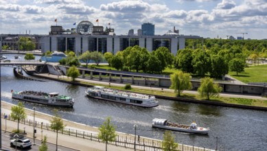 View of the Spree and Berlin's government district from the roof of the Futurium Museum, Germany