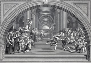 The Expulsion of Heliodorus from the Temple, Room of Heliodorus, steel engraving after a painting