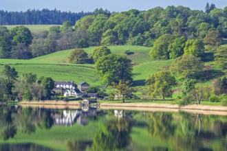 Farms over Esthwaite Water, Lake District National Park, Cumbria, England, United Kingdom