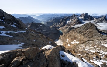 Panoramic view Mountain panorama into the Ridnaun valley, ascent to the Wilder Freiger, summit of