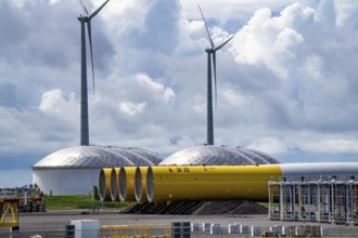 The seaport of Eemshaven, Julianahaven Basin, where the foundation structures, monopiles, for