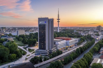 Aerial view of the CCH and Radisson Blue Hotel with television tower Heinrich-Hertz-Turm