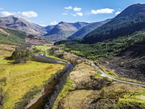Glen Nevis Valley and River Navis from a drone, Fort William, Lochaber, Highland, Scotland, United