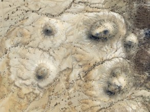Conical rocks, so-called Prince Albert formations. Aerial view. Drone shot. Southern Namibia