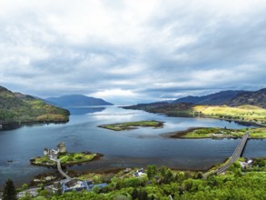 Eilean Donan Castle and Loch Duich from a drone, Isle of Skye, Highlands, Scotland, England, United