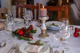 Festive table setting, Christmas table, Christmas decorations, Christmas tree baubles, Christmas,
