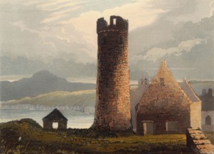The round tower of Peel Castle, ruined castle in Peel on the British Isle of Man, originally built