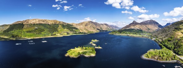 Panorama of Loch Leven from a drone, Glencoe, Highland, Scotland, United Kingdom