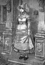 On a rainy day, a woman has taken shelter in a doorway, Brittany, 1869, France, Historical,