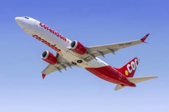 A Boeing 737 MAX 9 aircraft of Corendon with the registration PH-CDP at Rhodes Airport, Greece