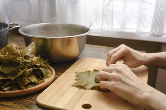 Grape leaves are carefully shaped and filled with a savory mixture in a warm kitchen. Female hands