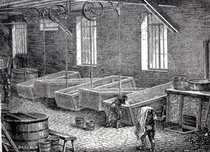 Leather processing, worker in a white tannery in Hungary, around 1880, digitally enhanced